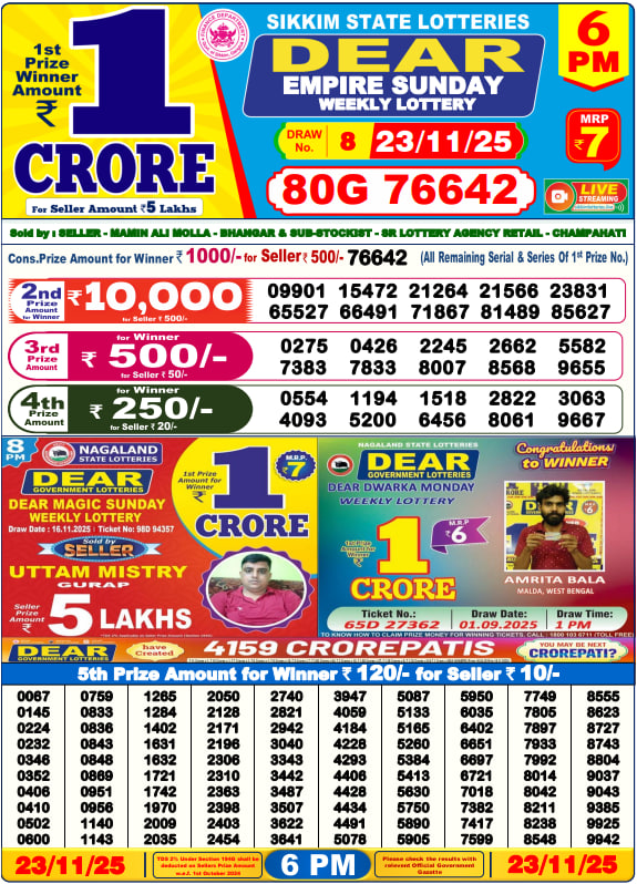 Dear Lottery Result Today(23-11-2025) | 6 PM
