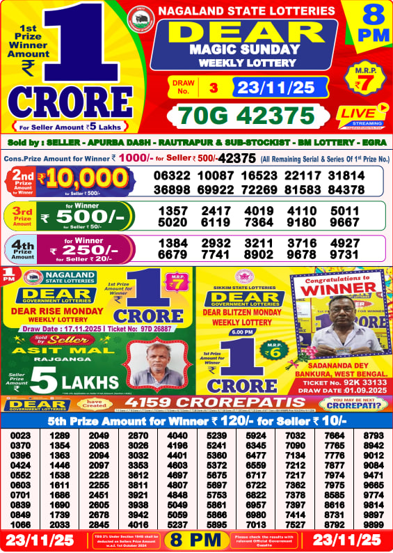Dear Lottery Result Today(23-11-2025) | 8 PM