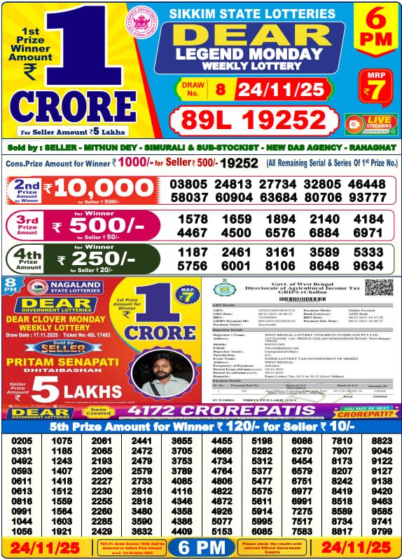 Dear Lottery Result Today(24-11-2025) | 6 PM