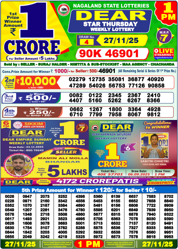 Dear Lottery Result Today(27-11-2025) | 1 PM