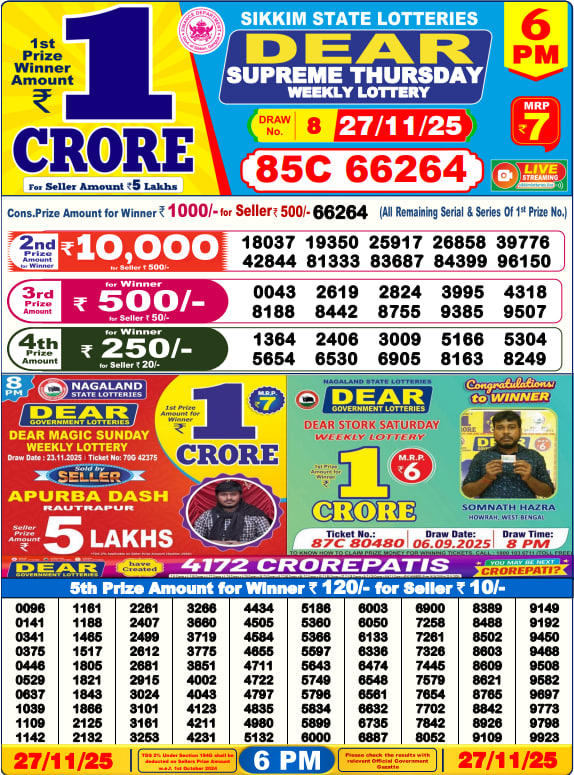 Dear Lottery Result Today(27-11-2025) | 6 PM
