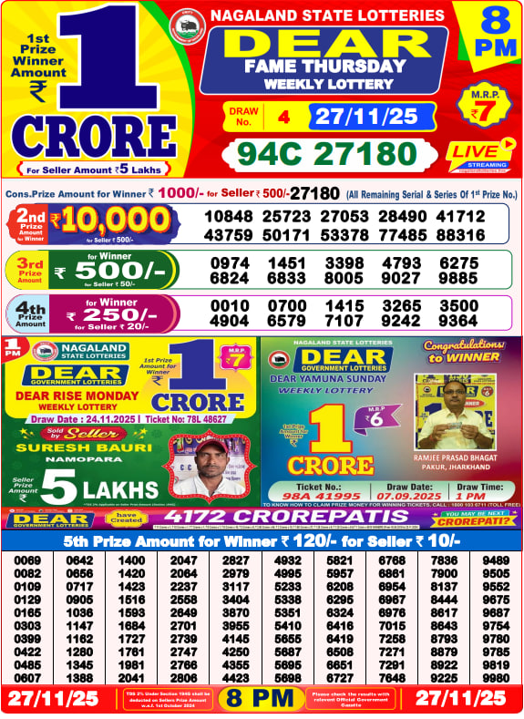 Dear Lottery Result Today(27-11-2025) | 8 PM