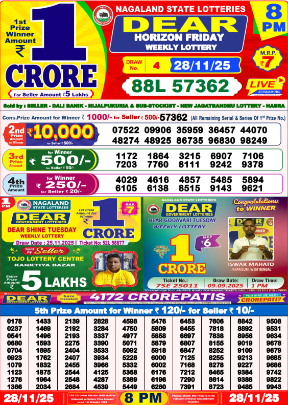 Dear Lottery Result Today(28-11-2025) | 8 PM