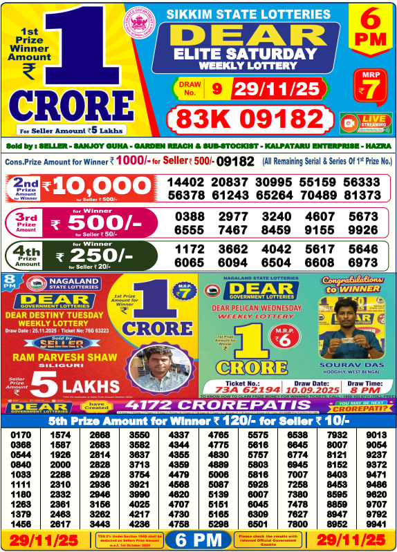 Dear Lottery Result Today(29-11-2025) | 6 PM