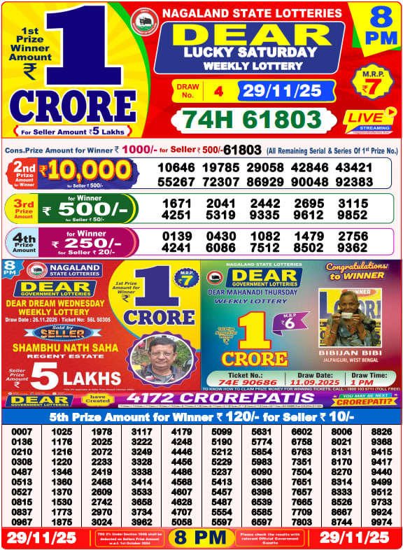 Dear Lottery Result Today(29-11-2025) | 8 PM