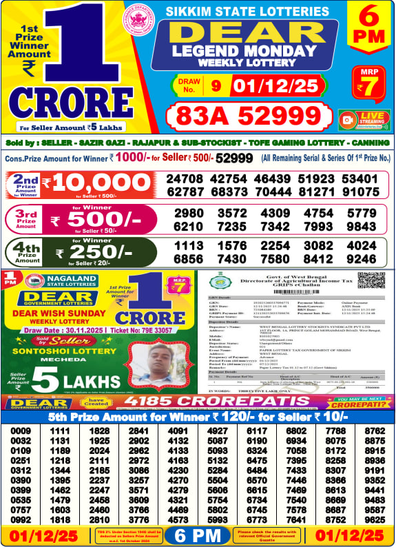 Dear Lottery Result Today(01-12-2025) | 6 PM