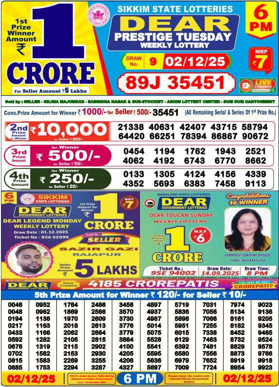 Dear Lottery Result Today(02-12-2025) | 6 PM