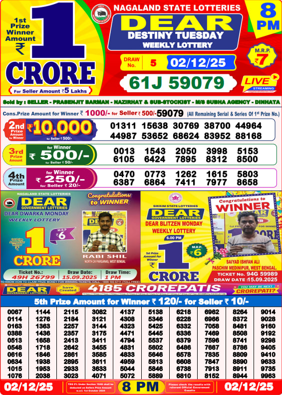 Dear Lottery Result Today(02-12-2025) | 8 PM