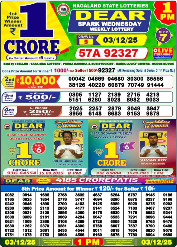 Dear Lottery Result Today(03-12-2025) | 1 PM