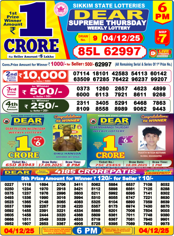 Dear Lottery Result Today(04-12-2025) | 6 PM