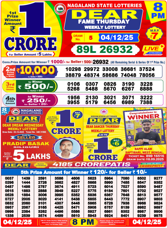 Dear Lottery Result Today(04-12-2025) | 8 PM