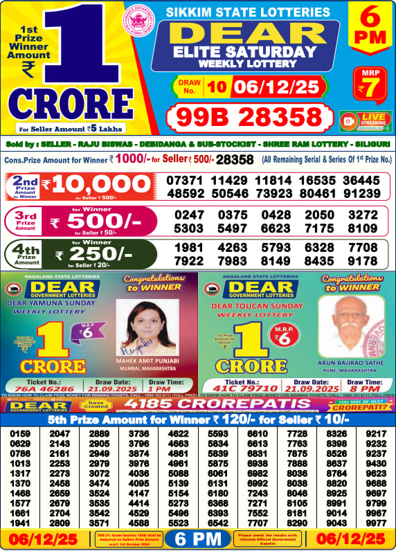 Dear Lottery Result Today(06-12-2025) | 6 PM