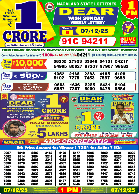 Dear Lottery Result Today(07-12-2025) | 1 PM