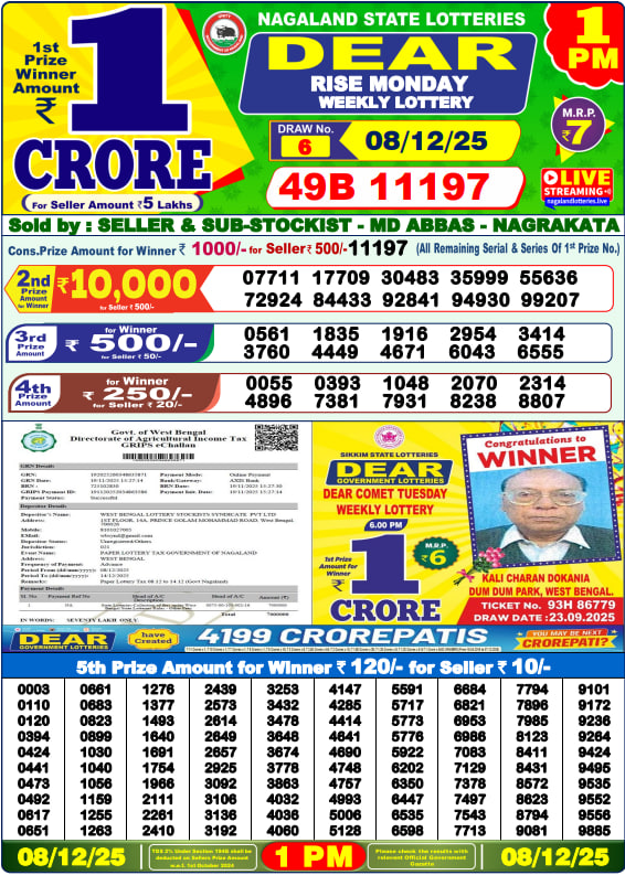 Dear Lottery Result Today(08-12-2025) | 1 PM