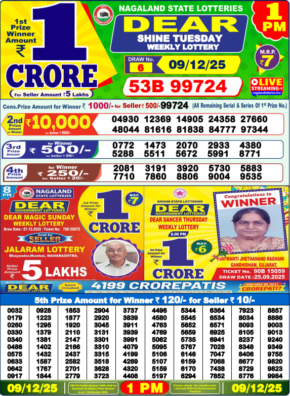Dear Lottery Result Today(09-12-2025) | 1 PM
