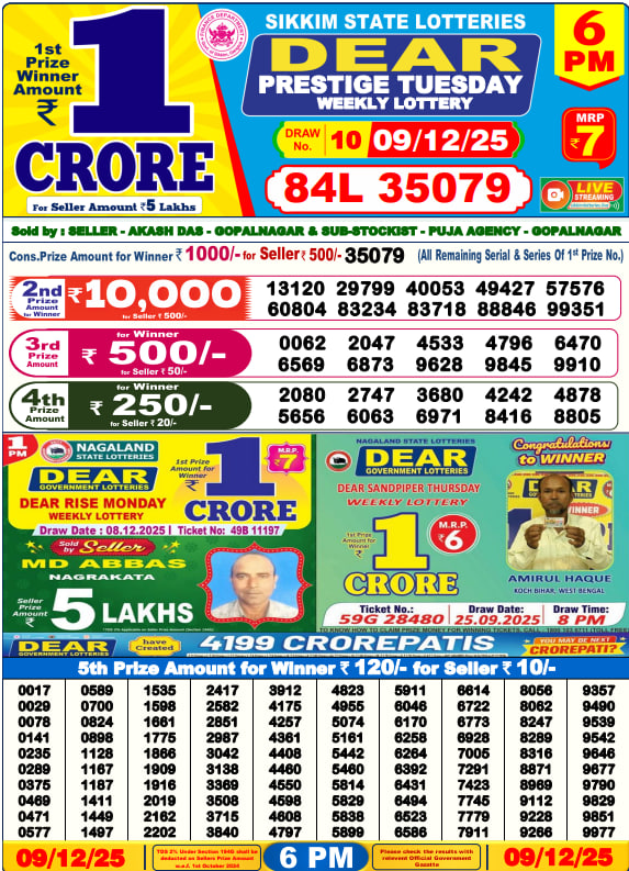 Dear Lottery Result Today(09-12-2025) | 6 PM