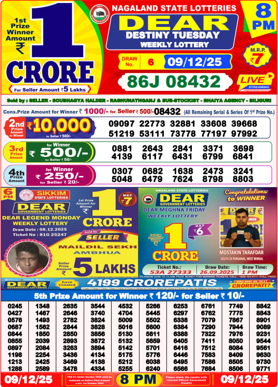 Dear Lottery Result Today(09-12-2025) | 8 PM