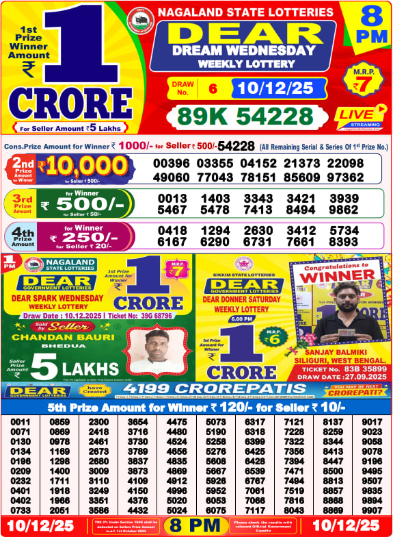 Dear Lottery Result Today(10-12-2025) | 8 PM