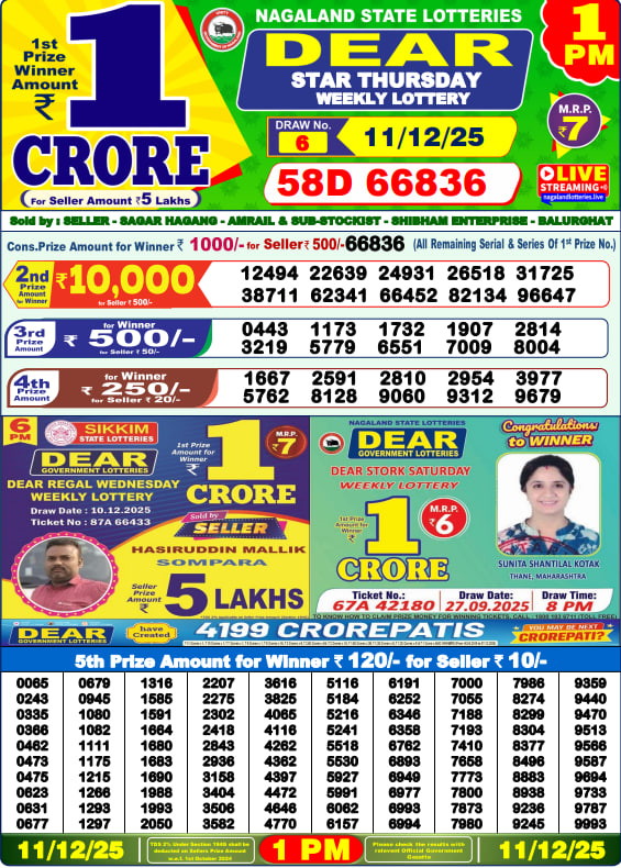 Dear Lottery Result Today(11-12-2025) | 1 PM