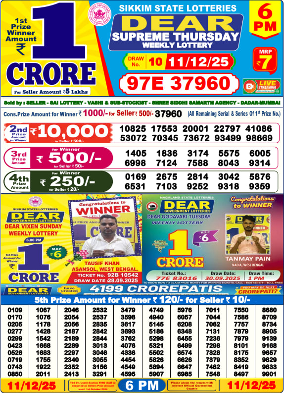Dear Lottery Result Today(11-12-2025) | 6 PM