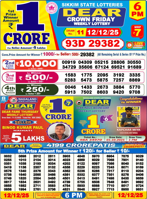 Dear Lottery Result Today(12-12-2025) | 6 PM