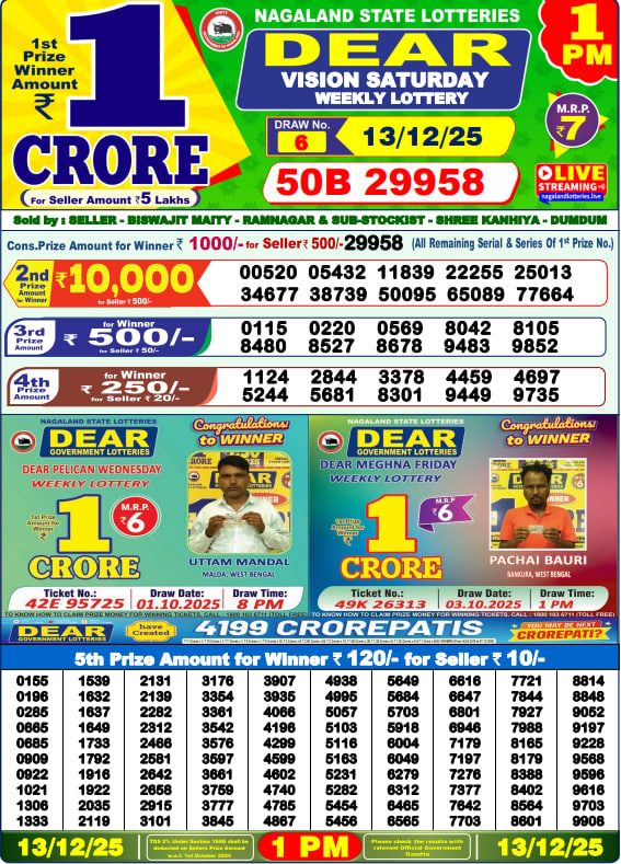 Dear Lottery Result Today(13-12-2025) | 1 PM