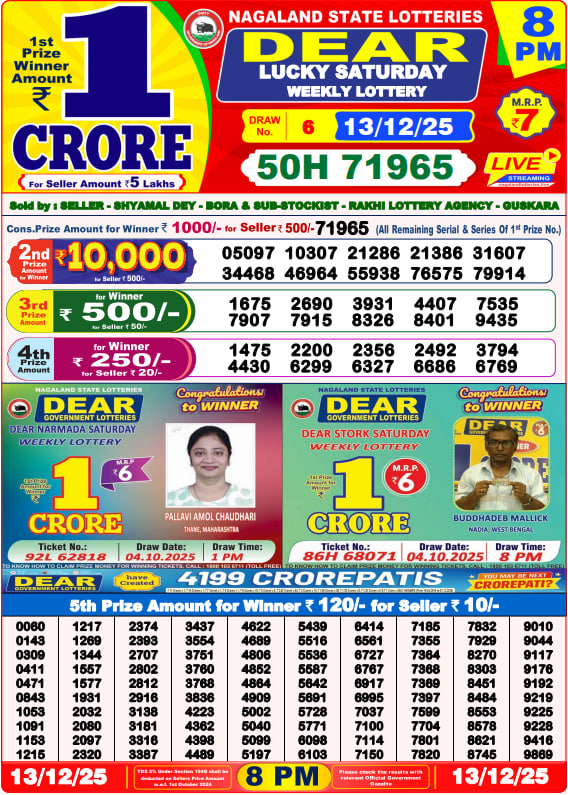 Dear Lottery Result Today(13-12-2025) | 8 PM