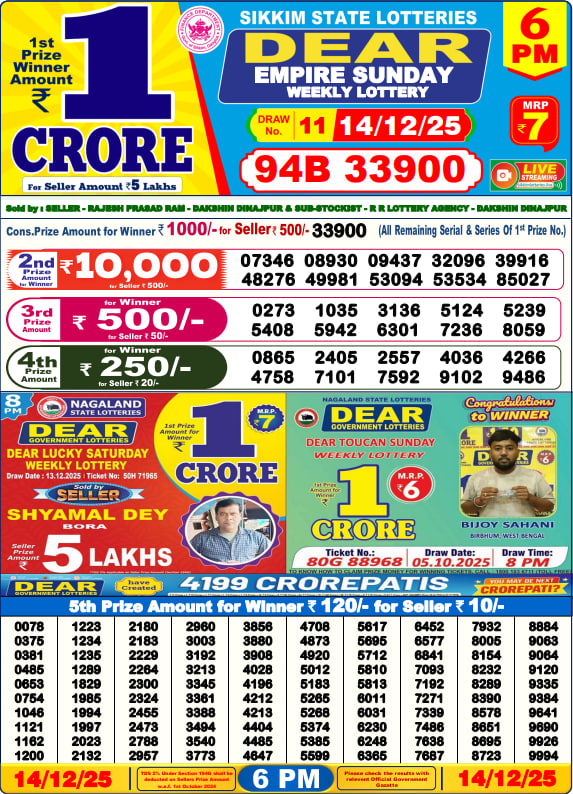 Dear Lottery Result Today(14-12-2025) | 6 PM