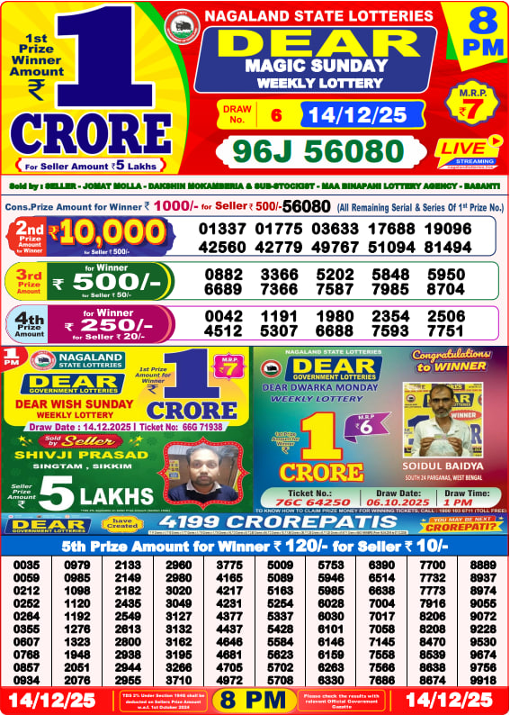 Dear Lottery Result Today(14-12-2025) | 8 PM