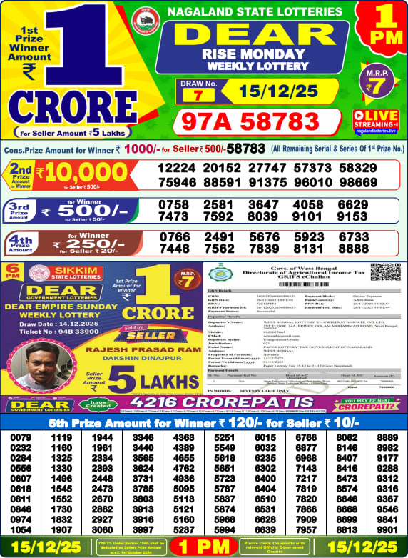 Dear Lottery Result Today(15-12-2025) | 1 PM