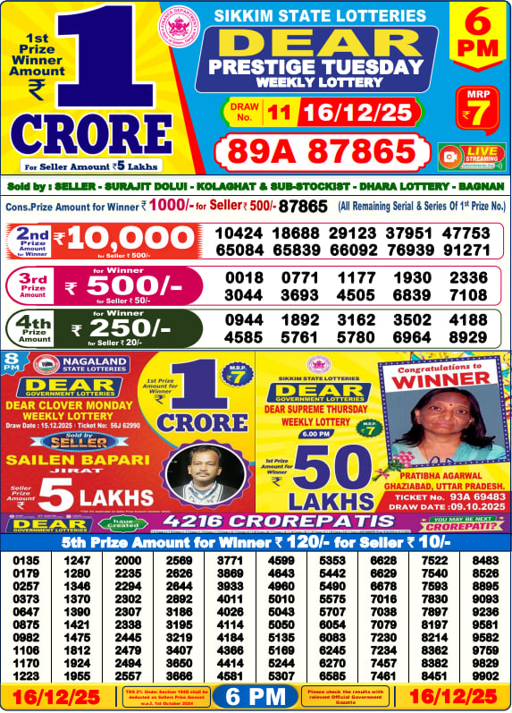 Dear Lottery Result Today(16-12-2025) | 6 PM