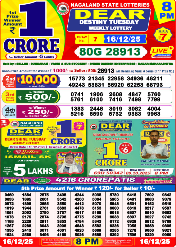 Dear Lottery Result Today(16-12-2025) | 8 PM
