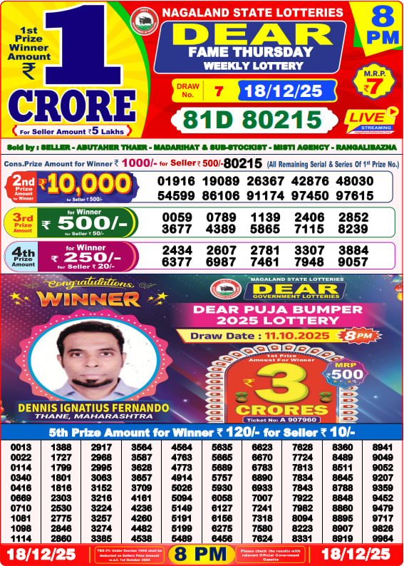 Dear Lottery Result Today(18-12-2025) | 8 PM