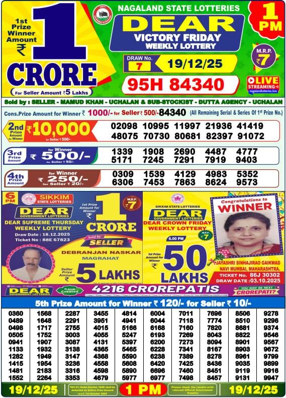 Dear Lottery Result Today(19-12-2025) | 1 PM