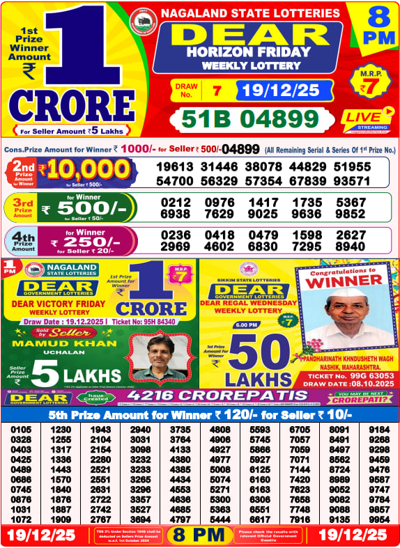 Dear Lottery Result Today(19-12-2025) | 8 PM