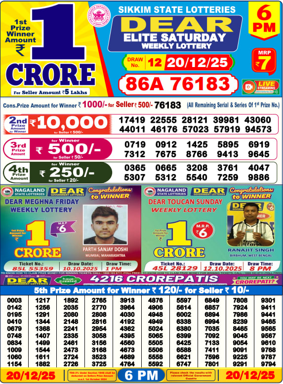 Dear Lottery Result Today(20-12-2025) | 6 PM