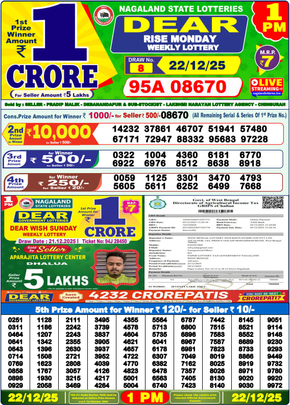 Dear Lottery Result Today(22-12-2025) | 1 PM