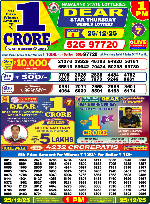 Dear Lottery Result Today(25-12-2025) | 1 PM