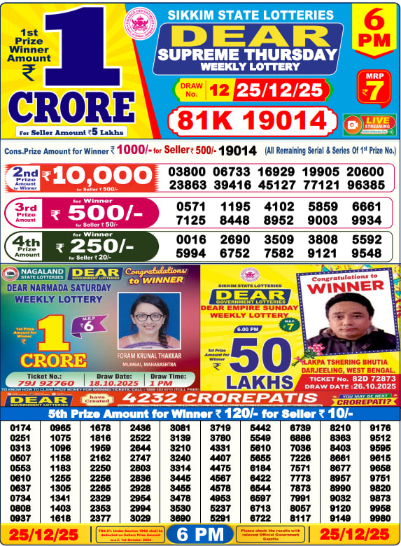 Dear Lottery Result Today(25-12-2025) | 6 PM