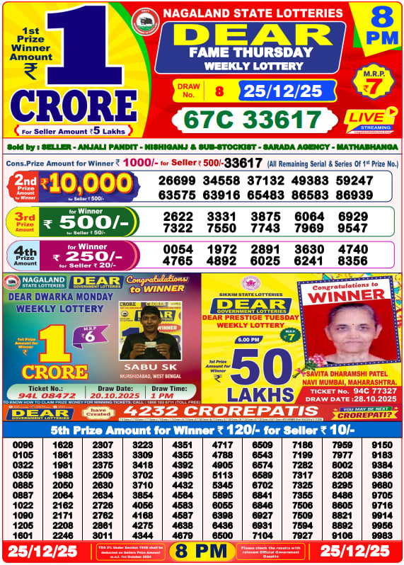 Dear Lottery Result Today(25-12-2025) | 8 PM