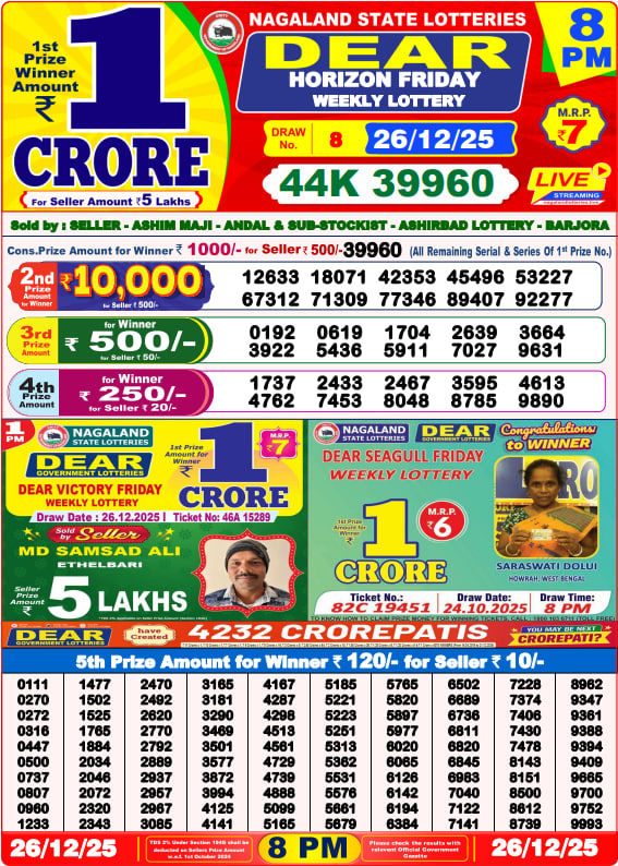 Dear Lottery Result Today(26-12-2025) | 8 PM