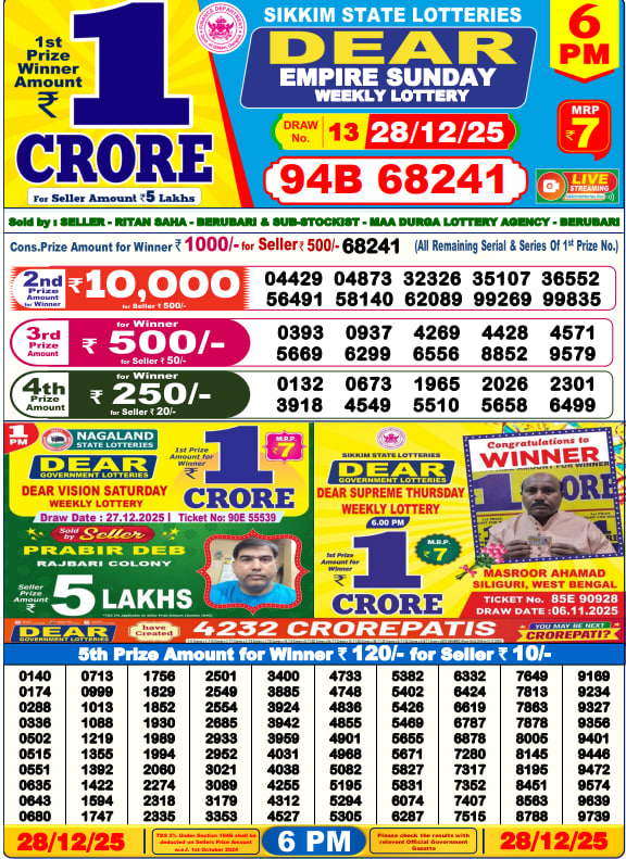 Dear Lottery Result Today(28-12-2025) | 6 PM