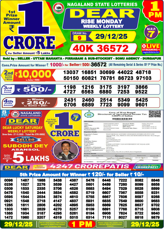 Dear Lottery Result Today(29-12-2025) | 1 PM