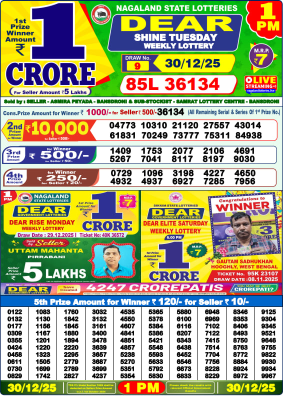 Dear Lottery Result Today(30-12-2025) | 1 PM
