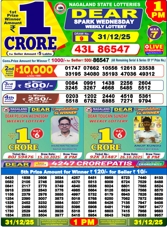 Dear Lottery Result Today(31-12-2025) | 1 PM