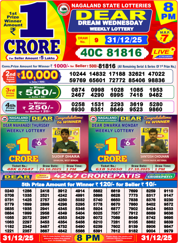Dear Lottery Result Today(31-12-2025) | 8 PM