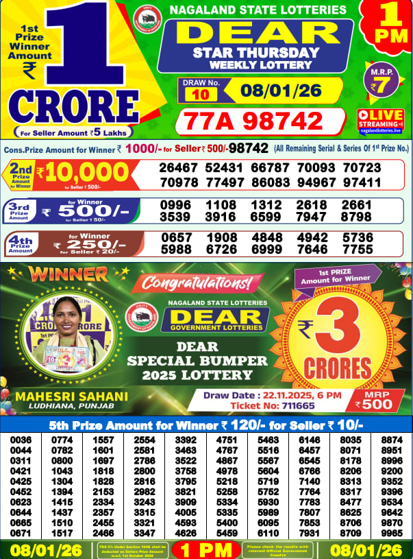 Dear Lottery Result Today(08-01-2026) | 1 PM