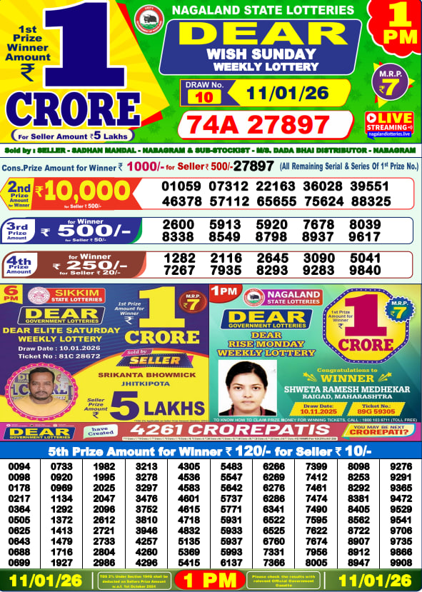Dear Lottery Result Today(11-01-2026) |1PM