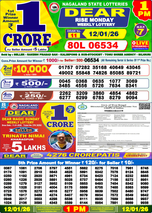Dear Lottery Result Today(12-01-2026) |1PM