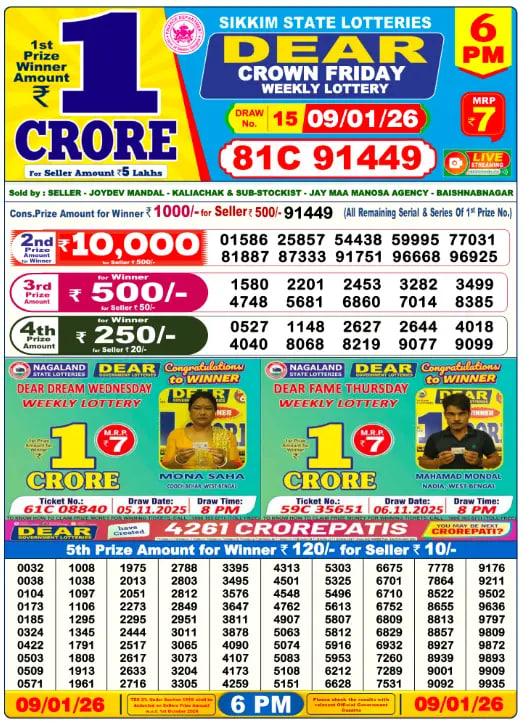 Dear Lottery Result Today(09-01-2026) | 6 PM